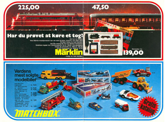 Legetøjskatalog 1973, midtersiderne med Märklin DSB MY og B-vogn samt Matchbox